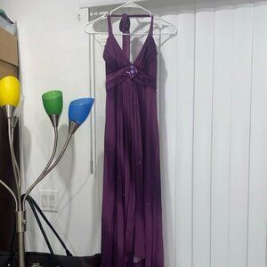 Gradient purple sequined high and low backless dress